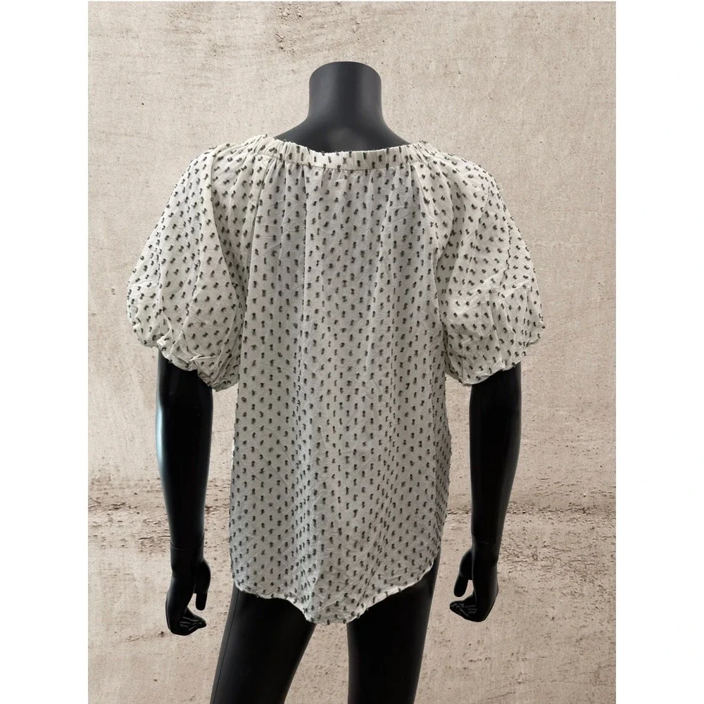 LOFT White Swiss Dot Puff Sleeve Peasant Blouse Medium Boho Cottagecore Top